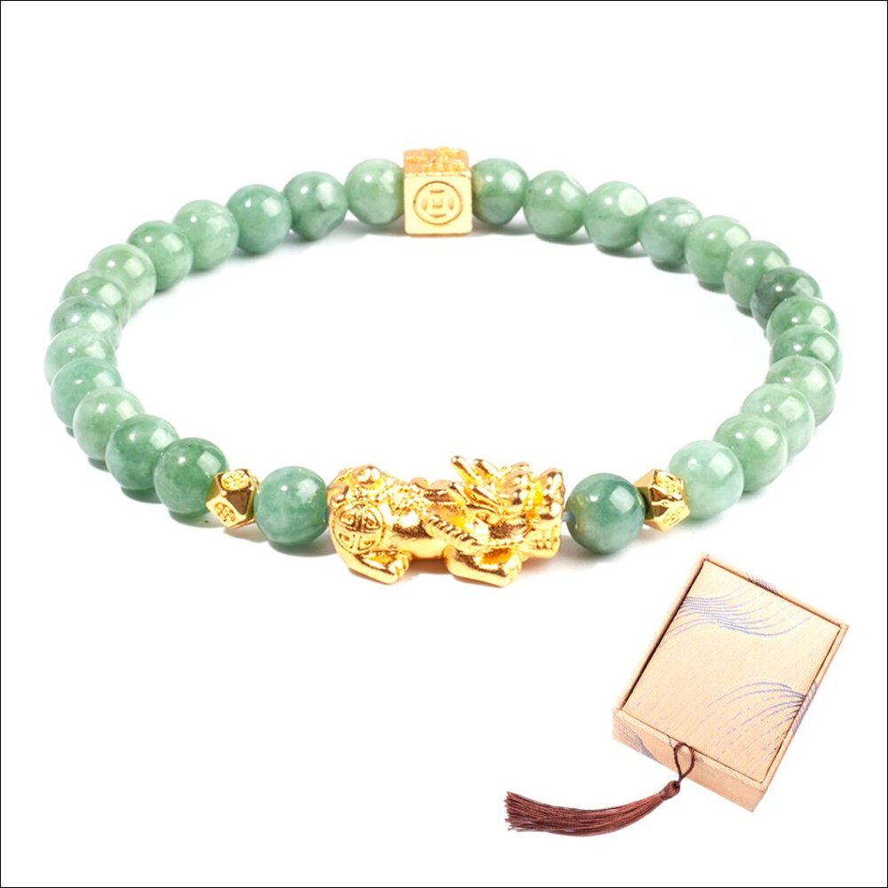Real Jade Stretch Bracelet for Women, 6.5-7.5 Inch Wrist, 18K Gold Plated